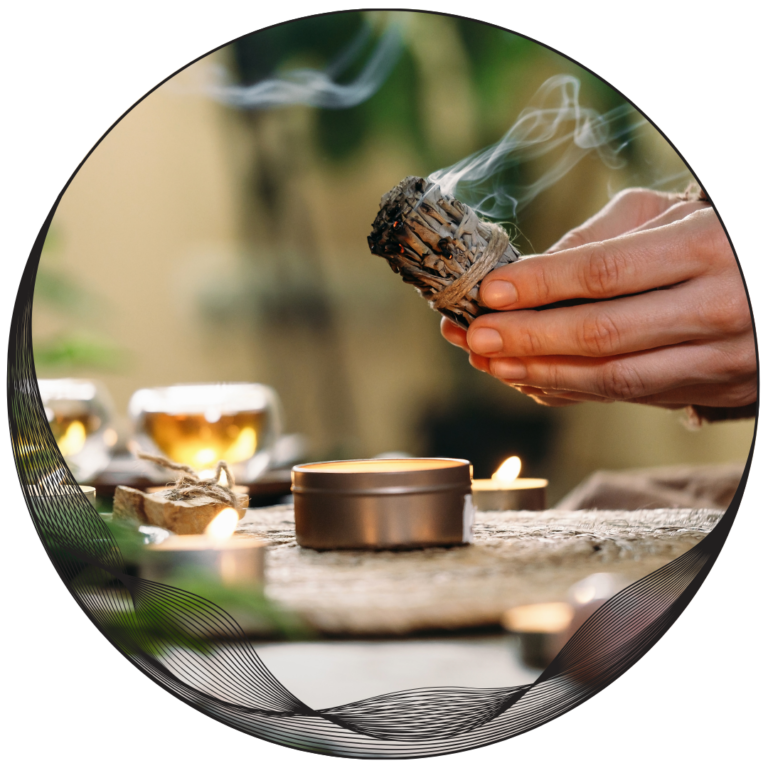 Woman burning sage in a healing environment